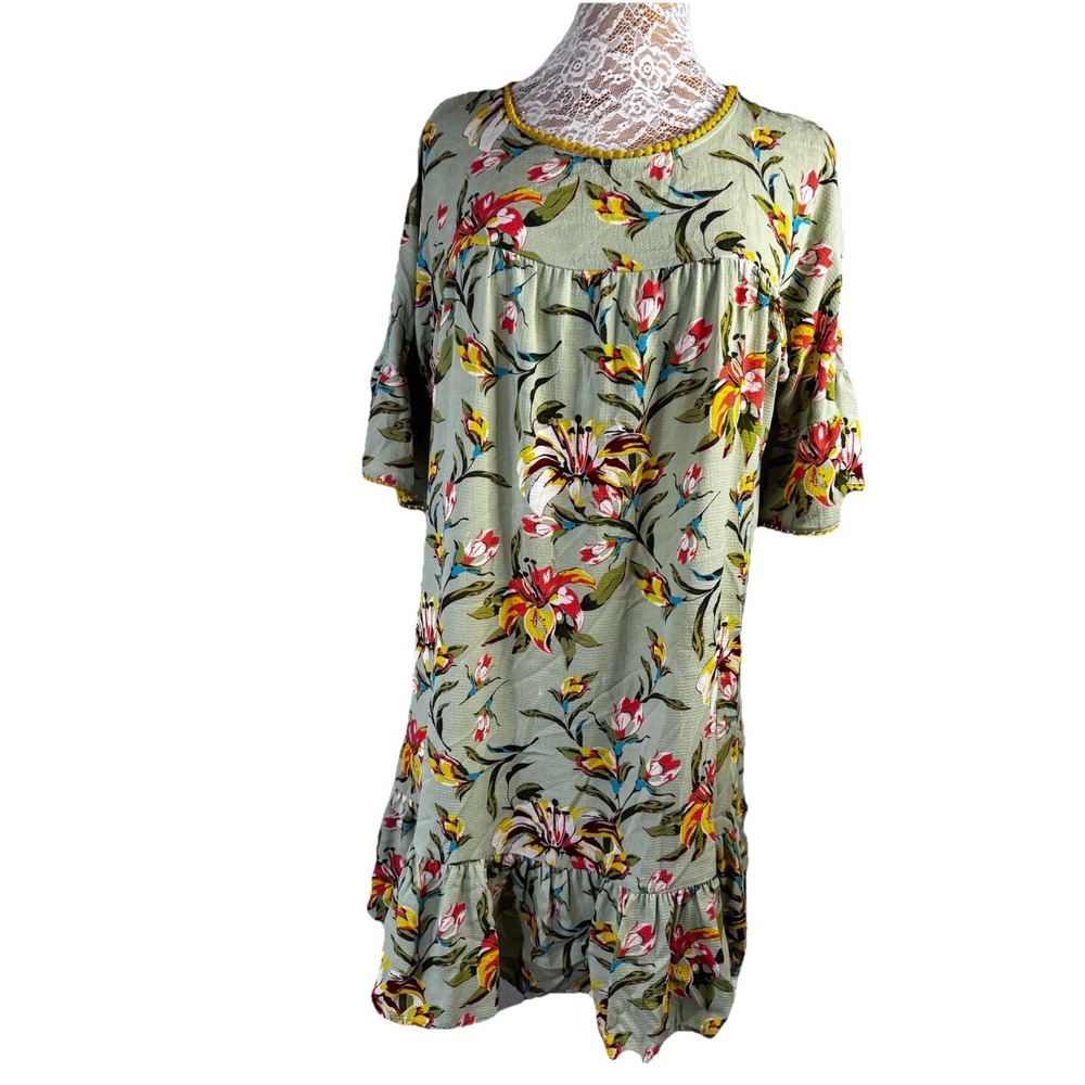 Uncle Frank Tropical Borders Dress Floral Green  Ruffle Hem & Sleeves Midi L Art